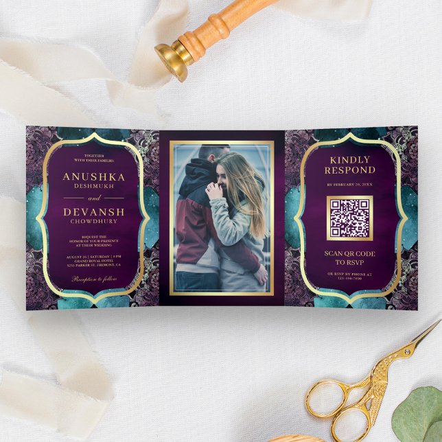 Invitation Trois Volets Code QR Mandala Violet Galaxie Sarcelle Mariage In (Créateur téléchargé)