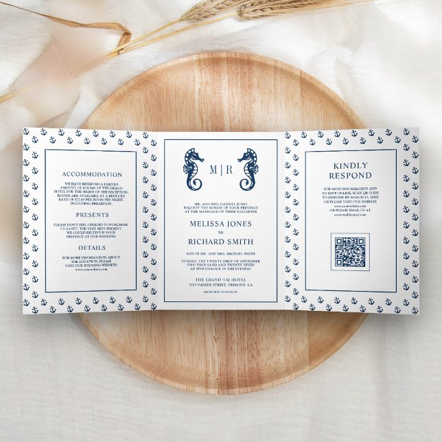 Invitation Trois Volets Code QR mariage à l'ancre nautique bleue et hippoc (Créateur téléchargé)