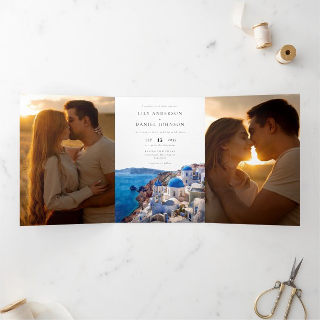 Invitation Trois Volets Code QR mariage à Santorin Grèce 3 Photo (Intérieur)