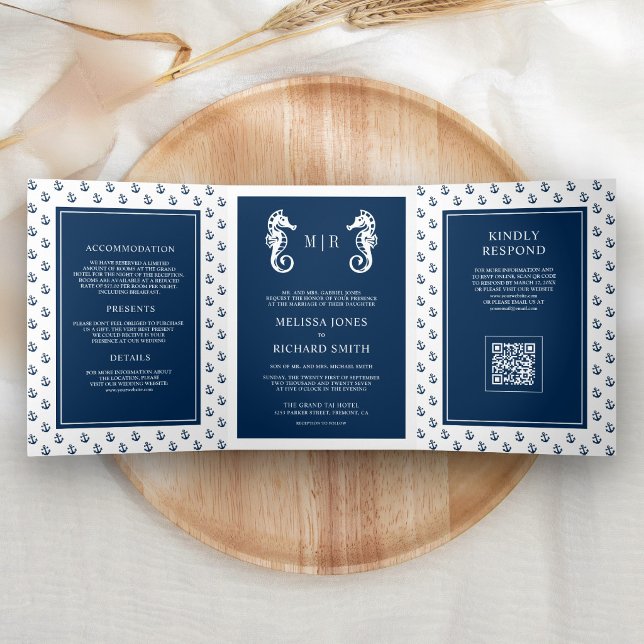 Invitation Trois Volets Code QR Mariage Ancre Naútico Cheval Marin Bleu Fo (Créateur téléchargé)