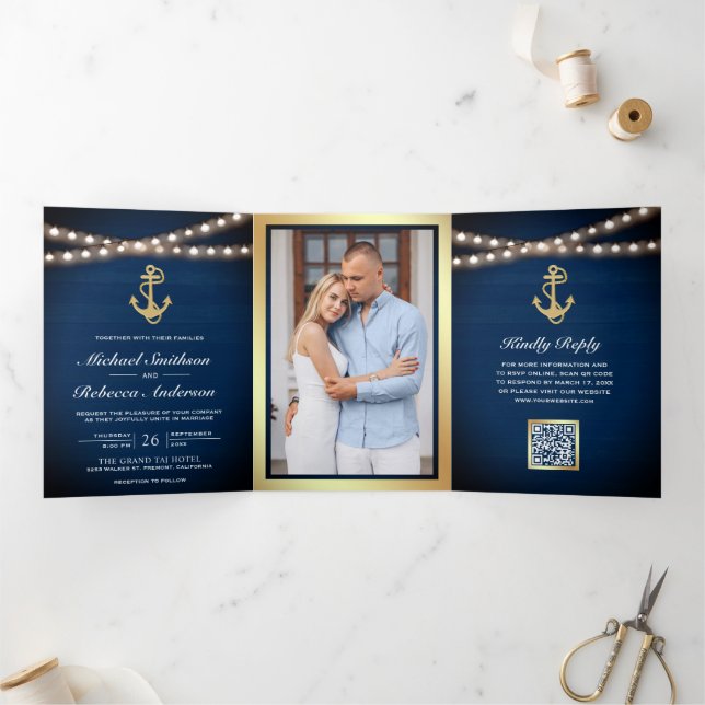 Invitation Trois Volets Code QR Mariage Ancre Or Bleu Marine (Intérieur)