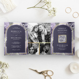 Invitation Trois Volets Code QR Mariage Arche Florale Violet Heather