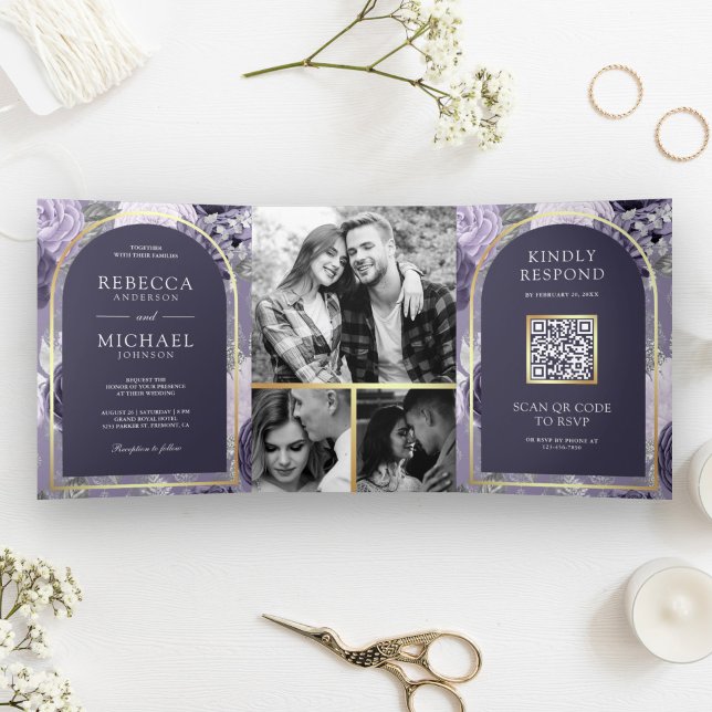 Invitation Trois Volets Code QR Mariage Arche Florale Violet Heather (Créateur téléchargé)