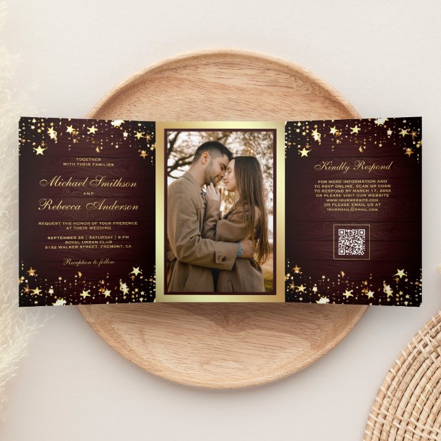 Invitation Trois Volets Code QR Mariage Bois de Grange Confettis Etoiles D (Créateur téléchargé)