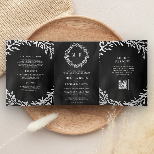 Invitation Trois Volets Code QR Mariage Branche de Feuille Argent Gris Cha (Créateur téléchargé)