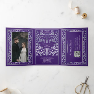 Invitation Trois Volets Code QR Mariage de l'épée médiévale royale d'argen