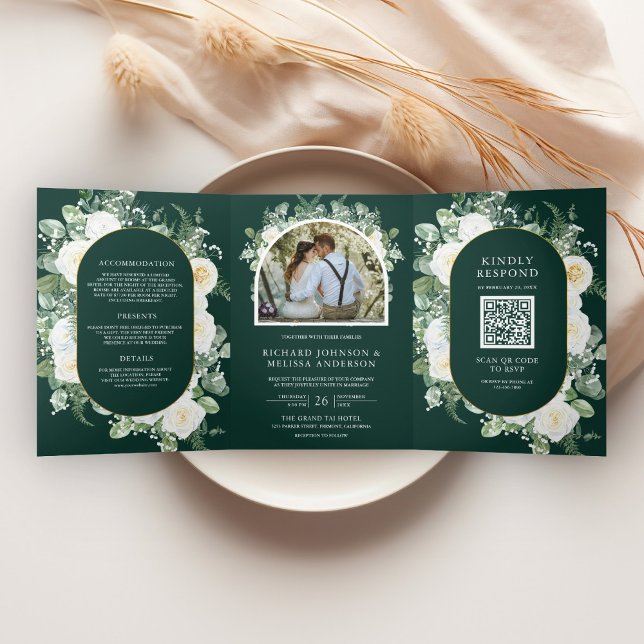 Invitation Trois Volets Code QR Mariage Émeraude Floral Ivoire (Créateur téléchargé)