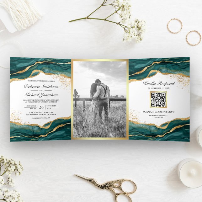 Invitation Trois Volets Code QR Mariage Encre Abstraite Or Sarcelle (Créateur téléchargé)