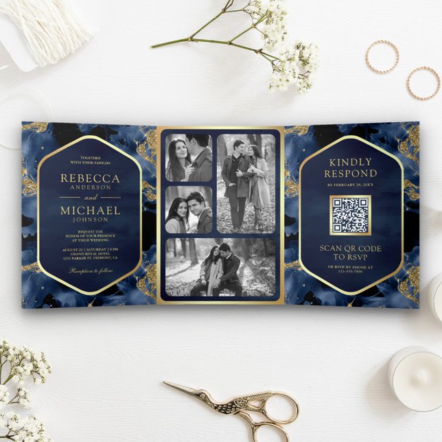 Invitation Trois Volets Code QR Mariage Encre Fluide Abstraite Or Bleu Mar (Créateur téléchargé)