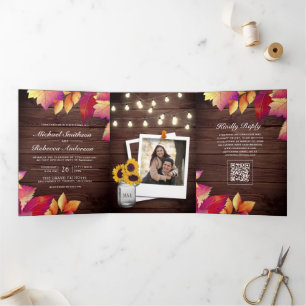 Invitation Trois Volets Code QR Mariage Feuilles d'Automne Bois Rustique