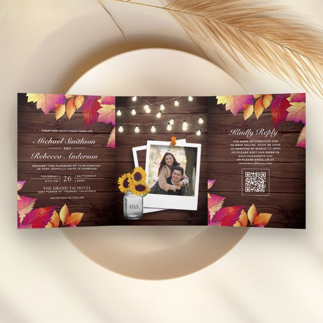 Invitation Trois Volets Code QR Mariage Feuilles d'Automne Bois Rustique (Créateur téléchargé)
