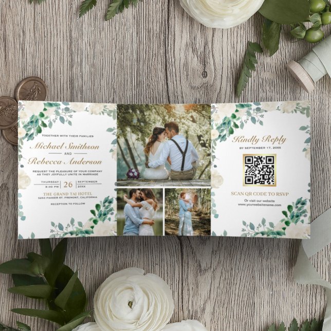 Invitation Trois Volets Code QR Mariage Feuilles Vertes de Sauge Florale I (Créateur téléchargé)