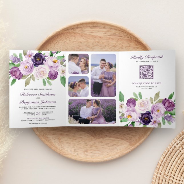 Invitation Trois Volets Code QR Mariage Fleur Florale Violet Rustique Tout (Créateur téléchargé)
