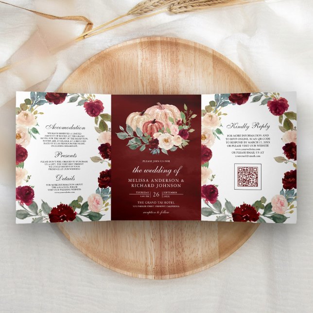 Invitation Trois Volets Code QR Mariage Floral Citrouille Pêche Bourgogne (Créateur téléchargé)