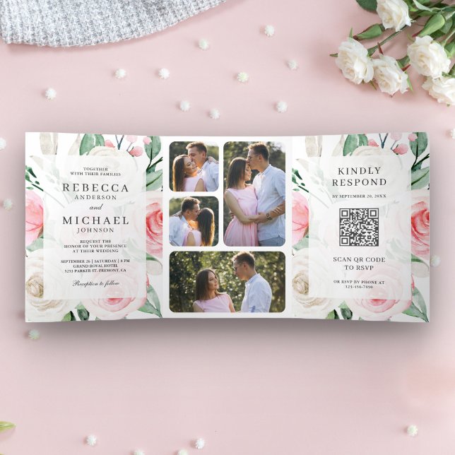 Invitation Trois Volets Code QR Mariage Floral Rose Pâle Ivoire Rustique (Créateur téléchargé)