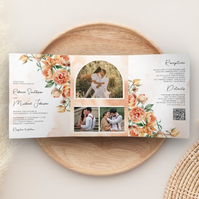 Invitation Trois Volets Code QR Mariage Floral Terreux Pêche Rustique (Créateur téléchargé)