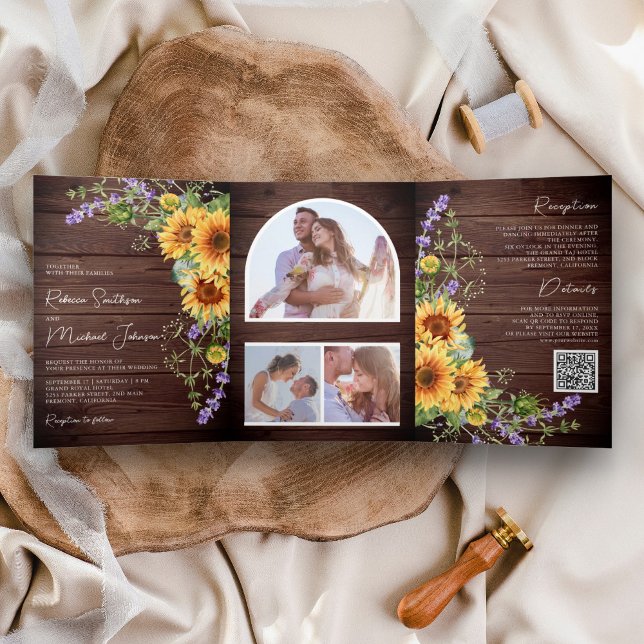 Invitation Trois Volets Code QR Mariage Lavande Tournesols Bois Rustique (Créateur téléchargé)