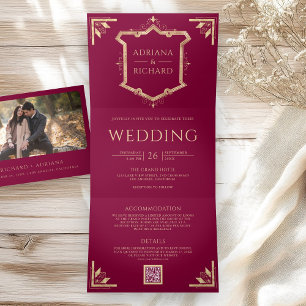 Invitation Trois Volets Code QR Mariage Magenta Vintage Gold Crest