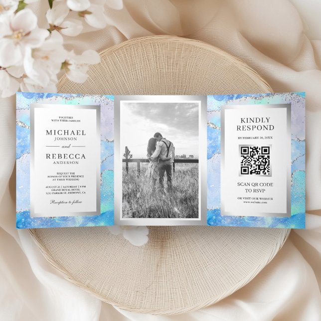 Invitation Trois Volets Code QR Mariage Marbre Agate Argent Bleu Pastel (Créateur téléchargé)