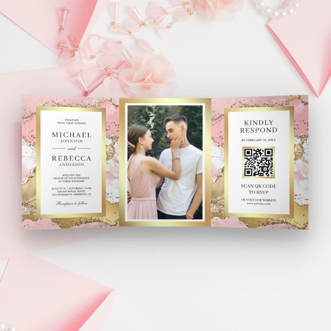 Invitation Trois Volets Code QR Mariage Marbre Agate Or Rose Blush (Créateur téléchargé)