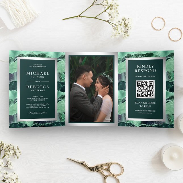 Invitation Trois Volets Code QR Mariage Marbre Agate Pailletée Vert de Mer (Créateur téléchargé)