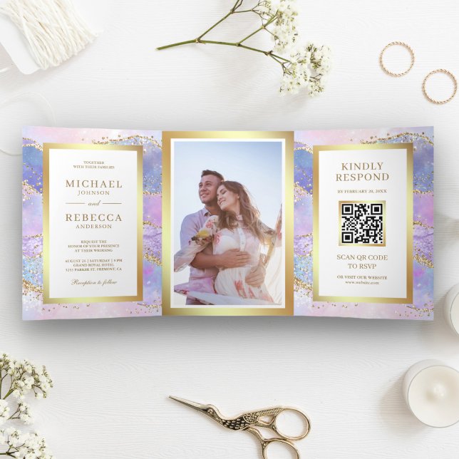 Invitation Trois Volets Code QR Mariage Marbre Agate Rose Lavande Or (Créateur téléchargé)