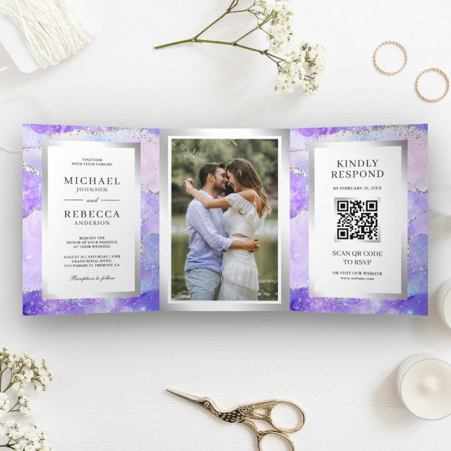 Invitation Trois Volets Code QR Mariage Marbre Agate Violet Lavande (Créateur téléchargé)