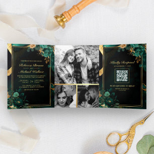 Invitation Trois Volets Code QR Mariage Marbre Floral Or Vert Emeraude