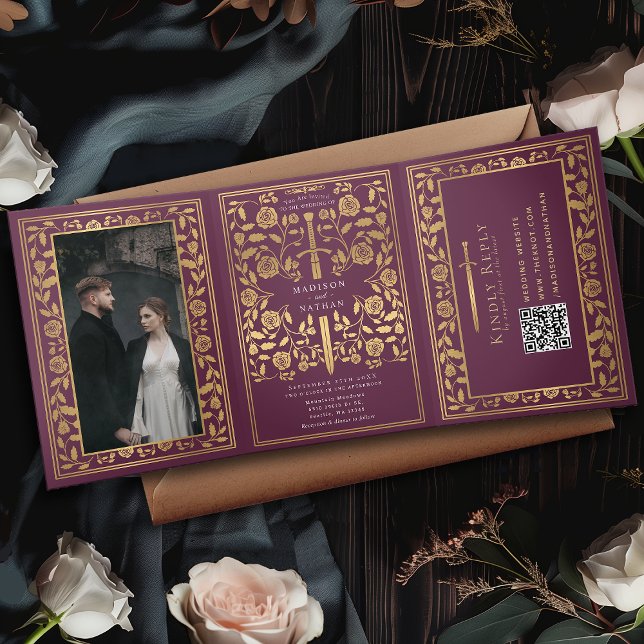 Invitation Trois Volets Code QR Mariage Mauve Royal Medieval (Créateur téléchargé)