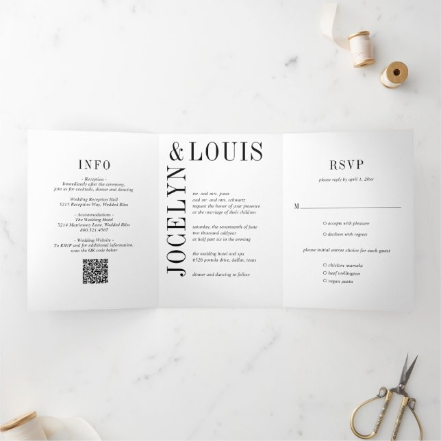 Invitation Trois Volets Code QR Mariage Moderne Noir et Blanc Gras (Intérieur)