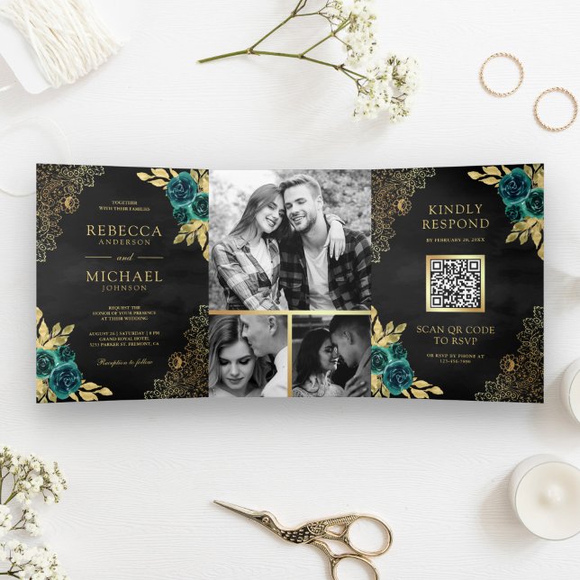 Invitation Trois Volets Code QR Mariage Noir Broderie Florale Émeraude Or (Créateur téléchargé)