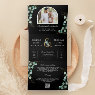 Invitation Trois Volets Code QR Mariage Noir Photo Arche Eucalyptus