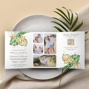 Invitation Trois Volets Code QR Mariage Palmier Tropical Monstera Or