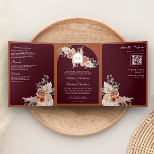 Invitation Trois Volets Code QR Mariage Pampas Floral Terracotta Bourgogne