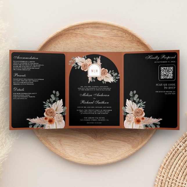 Invitation Trois Volets Code QR Mariage Pampas Floral Terracotta Noir (Créateur téléchargé)