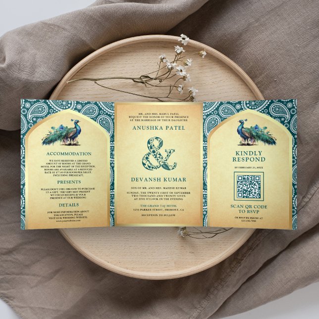 Invitation Trois Volets Code QR Mariage Paon Indien Paisley Sarcelle (Créateur téléchargé)