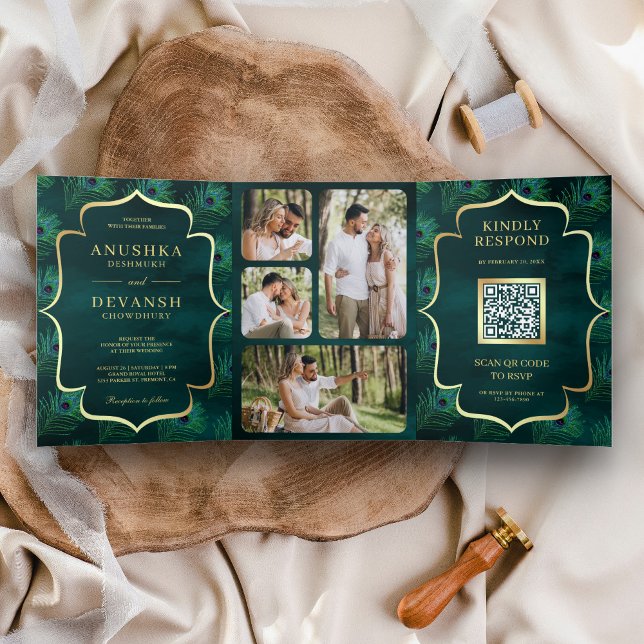 Invitation Trois Volets Code QR mariage plumes de paon sarcelle foncé (Créateur téléchargé)