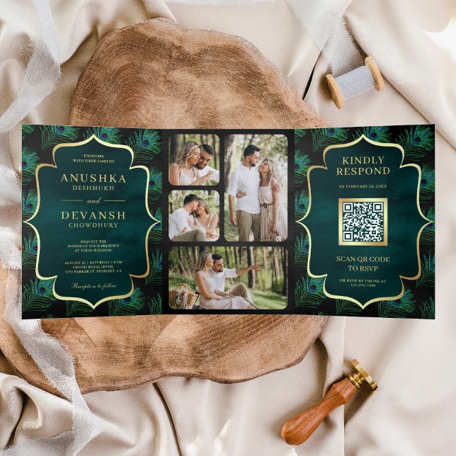 Invitation Trois Volets Code QR Mariage Plumes de Paon Sarcelle Noire (Créateur téléchargé)