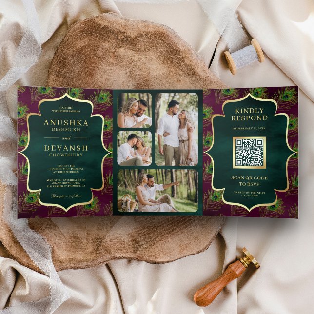 Invitation Trois Volets Code QR Mariage Plumes de Paon Vert Pourpre Violet (Créateur téléchargé)