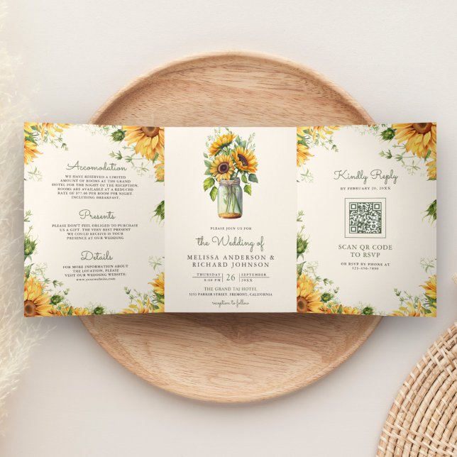Invitation Trois Volets Code QR Mariage Pot Mason Tournesols Crème (Créateur téléchargé)