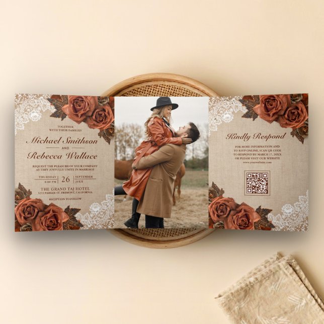 Invitation Trois Volets Code QR Mariage Rose Terracotta Poussiéreuse Burla (Créateur téléchargé)