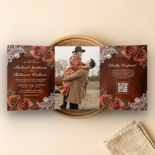 Invitation Trois Volets Code QR Mariage Rose Terracotta Poussiéreuse Orang