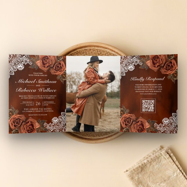 Invitation Trois Volets Code QR Mariage Rose Terracotta Poussiéreuse Orang (Créateur téléchargé)