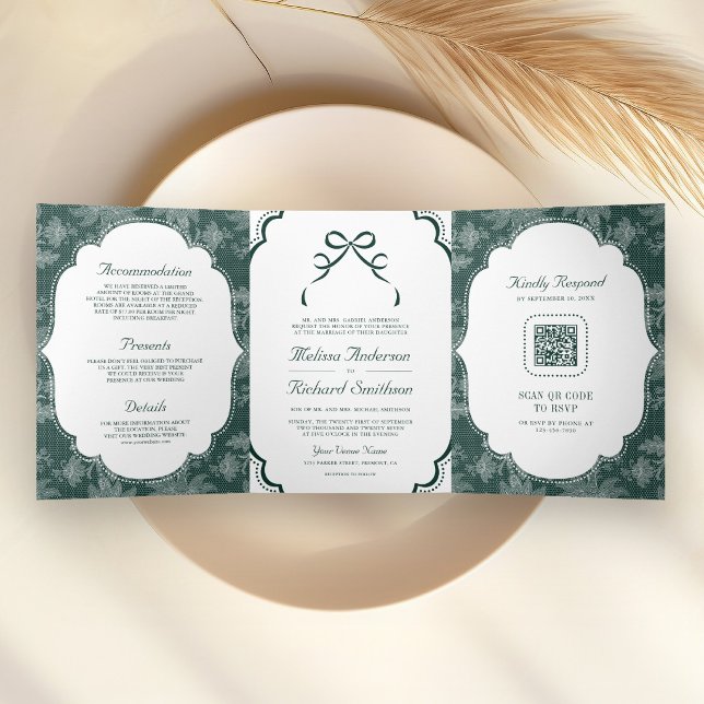 Invitation Trois Volets Code QR Mariage Ruban Coquette Blanc Émeraude (Créateur téléchargé)