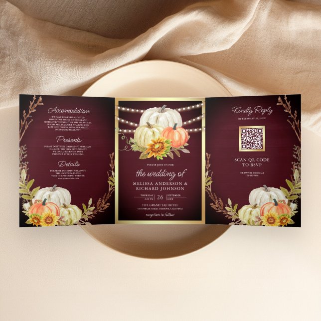 Invitation Trois Volets Code QR mariage tournesol citrouille bois de Bourg (Créateur téléchargé)