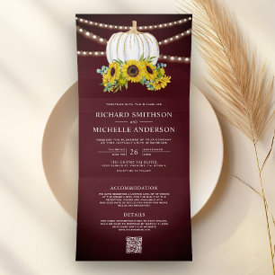 Invitation Trois Volets Code QR Mariage Tournesols Bourgogne Citrouille Bl
