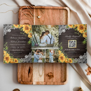 Invitation Trois Volets Code QR Mariage Tournesols Dentelle Bois de Grange