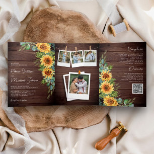 Invitation Trois Volets Code QR Mariage Tournesols Eucalyptus Bois Rustiqu