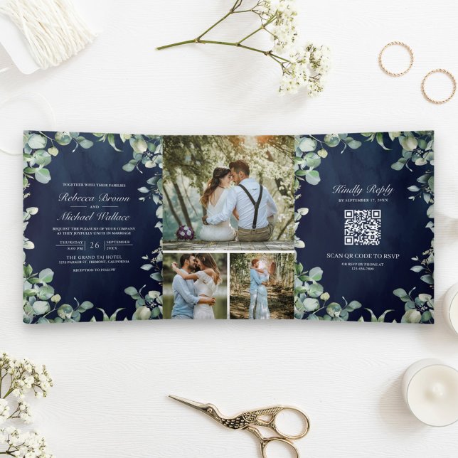 Invitation Trois Volets Code QR Moderne Eucalyptus Bleu Marine Mariage (Créateur téléchargé)