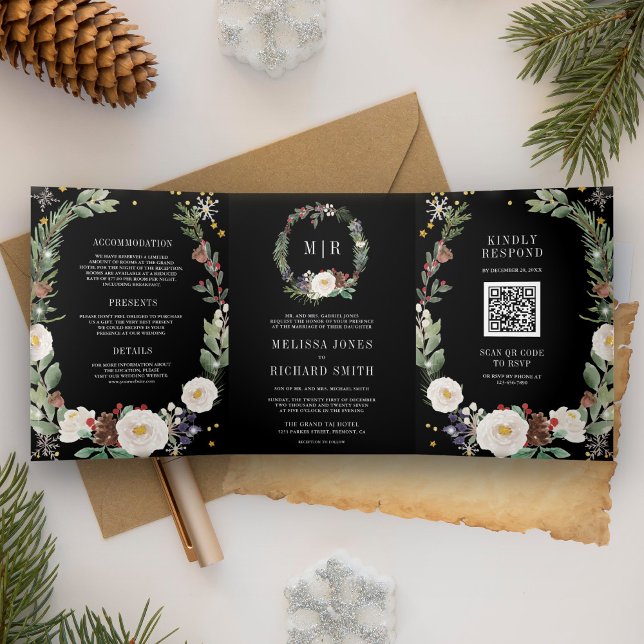 Invitation Trois Volets Code QR Monogramme Floral de Noël Mariage Noir (Créateur téléchargé)